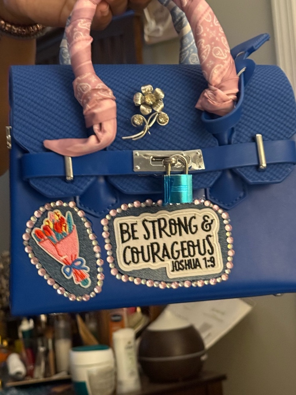 Blue Embellished Top-Handle Bag with Inspirational Patch